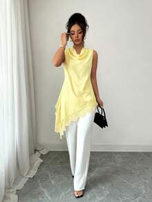 Elenzga Women's Sleeveless Cover Up With Draped Neckline And Lace Hem Splice Design, Elegant Vintage Style, Suitable For Commuting, Graduation Ceremony, Holiday Celebration, Music Festival, Mother's Day, Graduation Ball, Dating, Party, Wedding Season And Outdoor Activities, Asymmetrical Top, Asymmetrical Cover Up, Black Top, Women's Asymmetrical Cover Up, Lace Decor Top, Women's Top, Elegant Sleeveless Top - Light Yellow - View 7