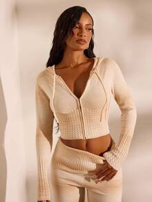Opulessa Women's Long Sleeve Zipper Front Drawstring Hooded Knit Cardigan - Apricot - View 5