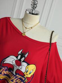 DrmWander LOONEY TUNES X SHEIN 大尺碼女款不對稱肩字母卡通印花休閒T恤 - 紅色 - 查看 6