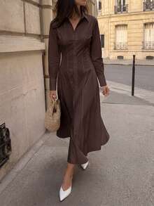 COSMINA Women's Casual Versatile Long Shirt Dress - Brown - View 2