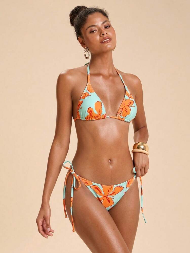 Travachic Conjunto de bikini de dos piezas para mujer con estampado floral, cuello halter con lazo, sexy y de moda para la playa en verano - Multicolor - Añade 5