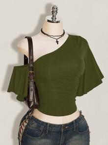 SHEIN ICON Atasan Wanita Warna Polos dengan Bahu Asimetris dan Ruffle Lengan Pendek - Hijau Tentara - View 5