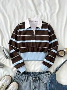 Tween Girls Polo Collar Deep Red Blue Stripe Patchwork Long Sleeve Short Sweatshirt Warm, 1pc Only Autumn Fall - Multicolor - View 2