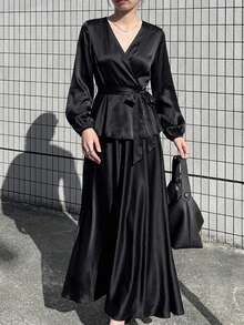 DAZY Women's Elegant Solid Color V-Neck Belted Shirt And A-Line Skirt 2-Piece Set, Spring/Summer - Black - View 7