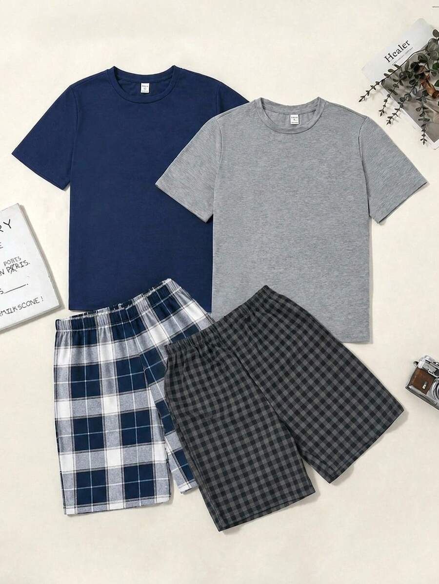 SHEIN 青少年男孩簡約純色圓領短袖T恤 + 格紋織紋短褲 寬鬆舒適休閒睡衣套裝 4件組 - 彩色 - 查看 1