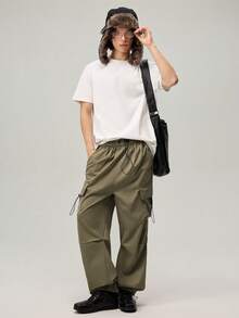 Vaulklash Men Flap Pocket Side Drawstring Waist Oversize Cargo Pants, For Fall - Army Green - View 2