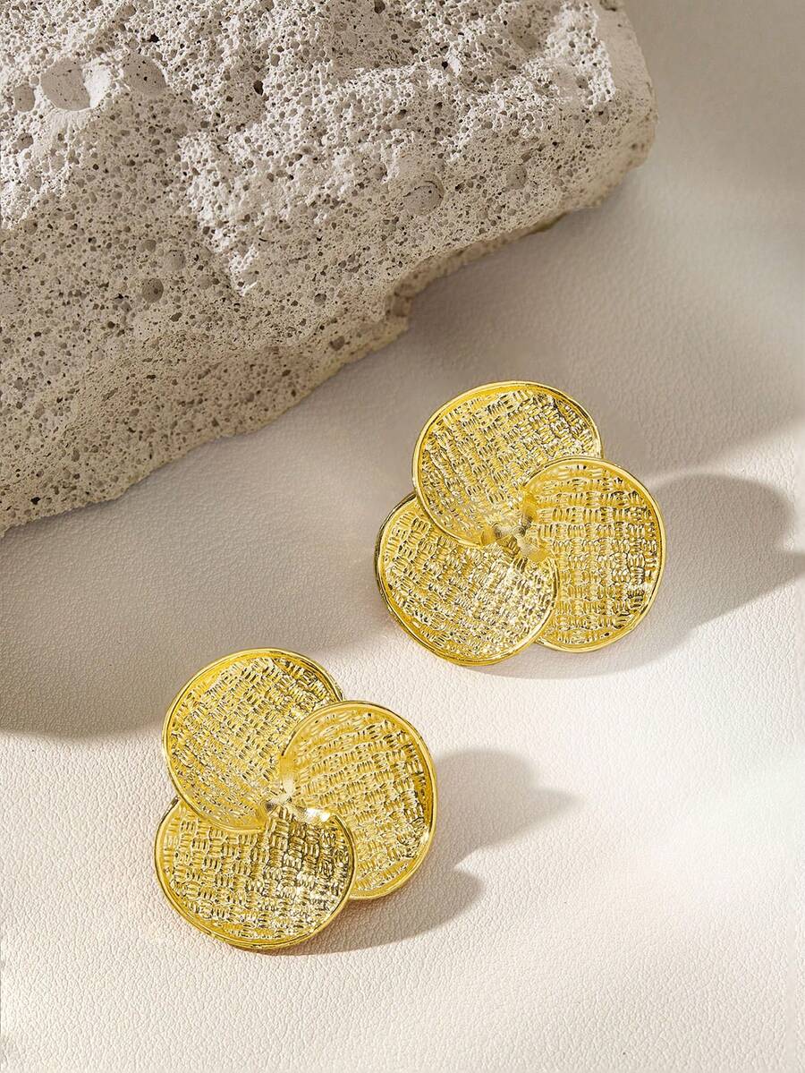 Opalesca Gold-Plated Textured Three-Oval Disc Cluster Stud Earrings, Vintage Asymmetric Metal Exaggerated Earrings - Gold - View 1