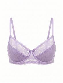 SHEIN 1件女款純色性感蕾絲胸罩，附蝴蝶結裝飾 - 淡紫色 - 查看 3
