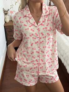 CottageSlumber Romantic Pink Cherry Print Lapel Pajama Set 2pcs - Multicolor - View 3