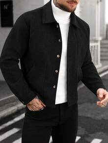 Manfinity CasualCool Manfinity Men's Black Winter Casual Smart Work Woolen Collared Button-Up Jacket, Regular Fit Overcoat,Ideal For Business Meetings & Outings - Black - View 5