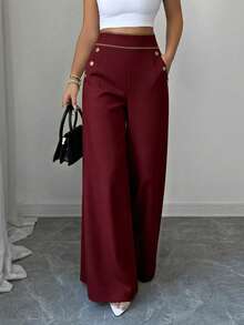 Elenzga High Waist Button Detail Wide Leg Pants - Multicolor - View 2