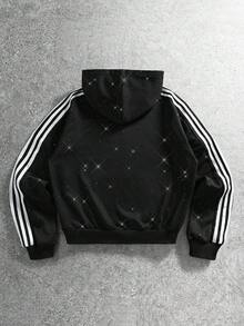 ROMWE MEN Goth Men's Rhinestone Striped Streetwear Casual Zip-Up Hoodie - Black - View 2
