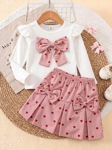 SHEIN Elladie kids 返校季女童幼童甜美兩件套：荷葉邊長袖上衣配大蝴蝶結細節，全幅愛心印花燈芯絨百褶裙配側邊雙蝴蝶結，可愛公主風 4-7 歲女童春夏秋冬日常上學套裝 - 粉色 - 查看 3