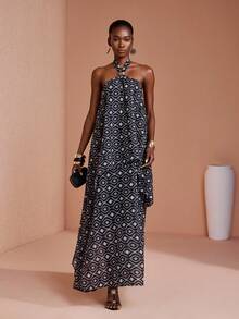 JIAN LASALA Gaun Maxi Wanita Motif Cetak Seluruh Permukaan dengan Tali Leher untuk Liburan Musim Panas Gaya Boho Elegan - MultiWarna - View 7