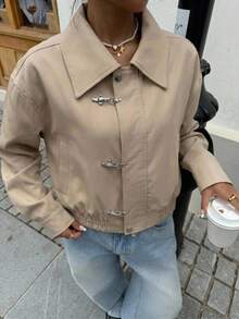 Muchica Jaket Wanita Kasual Serbaguna Warna Polos untuk Musim Gugur/Dingin, Jaket Kasual Serbaguna Warna Khaki Polos dengan Hiasan Gesper Pesawat untuk Festival - Khaki - View 1