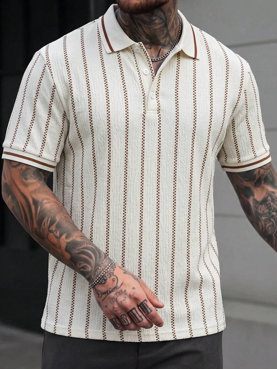 Manfinity CasualCool 男士拼色 Polo 衫,幾何提花休閒上衣 - 彩色 - 查看 1
