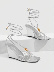CUCCOO SZL Ladies Fashion Elegant Party, Thick Heel Wedge, Square Toe Kink, Lace-Up Beaded Sandals - Silver - View 1