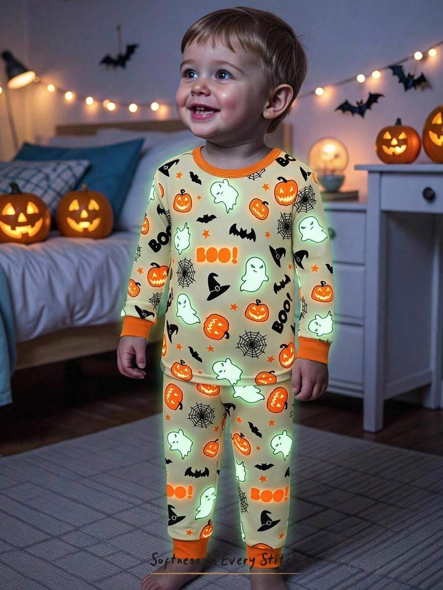 Cozy Pixies 男嬰貼身睡衣套裝,卡通南瓜萬聖節幽靈螢光圖案,柔軟針織圓領長袖套頭上衣與鬆緊腰長褲 - 橘色 - 查看 1