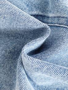 SHEIN Vintaside Kids 1件女嬰藍色牛仔休閒可愛刺繡花卉吊帶褲，適合外出、夏季度假與秋季穿著 - 藍色 - 查看 3