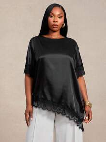 Radiana Plus Size Women's New Lace Patchwork Dinner Round Neck Short Sleeve Asymmetrical Hem Blouse Business Social Work Wear Outfits Office Attire Black - Black - View 8
