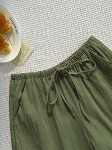 Elamini 女款素色腰綁帶長褲休閒日常通勤款 - 軍綠色 - 查看 7