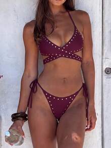 Swim Vcay 春夏時尚性感聚攏胸部純色掛脖綁帶女款兩件式泳衣套裝 - 紫色 - 查看 1