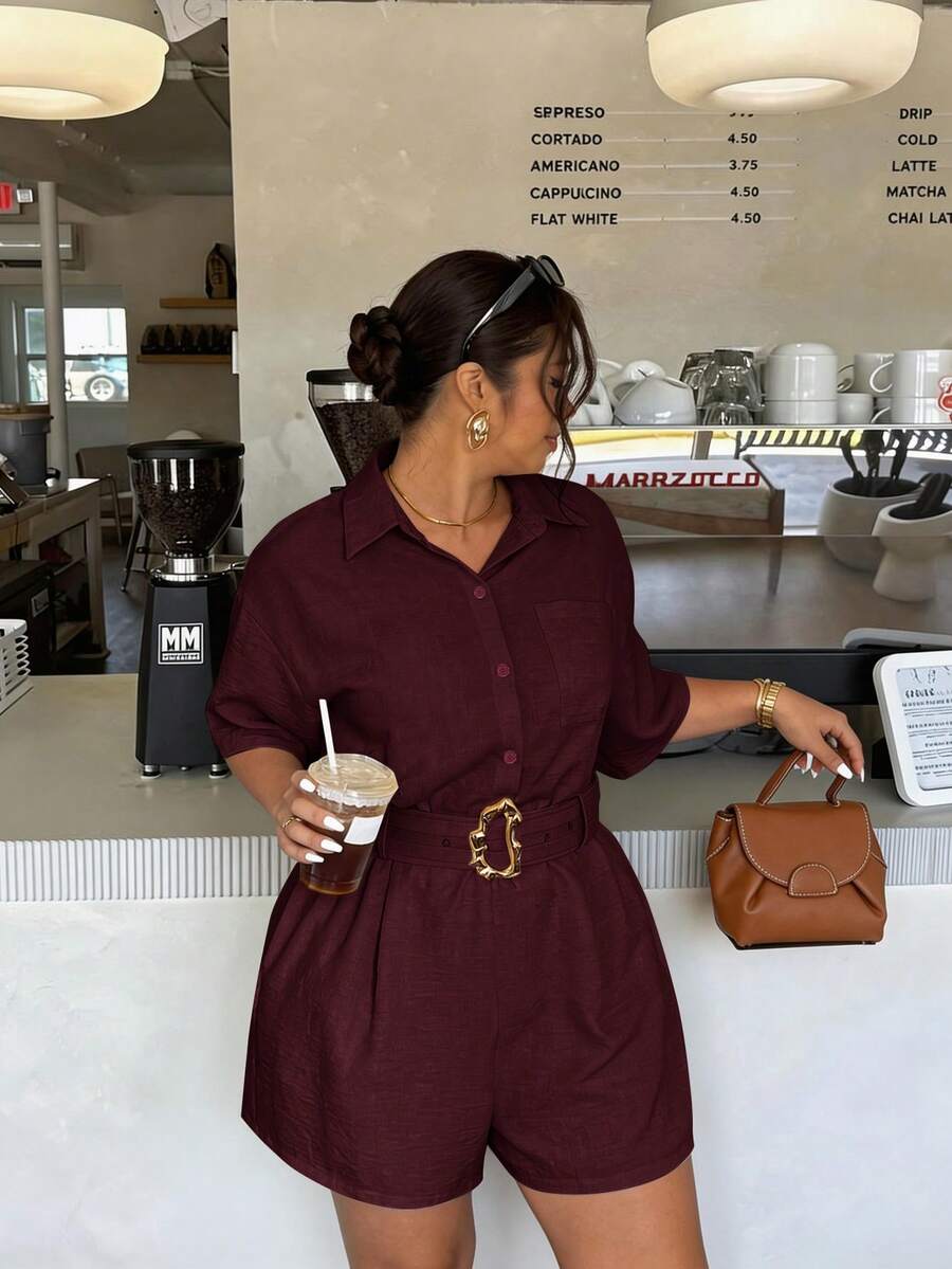 Firerie Plus Size Women's Solid Color Metal Decor Connected Casual Everyday Romper