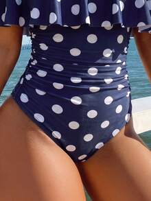 Swim Lushoire Spring/Summer Polka Dot Print Ruffle Off-Shoulder Side Ruched One-Piece Swimsuit For Women, Festival Boho - Multicolor - View 3