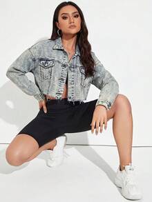 SHEIN Essnce 休閒水洗短版牛仔夾克 - 中等水洗藍 - 查看 5