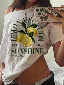 SHEIN EZwear Áo thun nữ 95% cotton dáng rộng, trễ vai, vai xuôi, tay ngắn, họa tiết chanh, phong cách thường ngày, thời trang đường phố, phù hợp đi làm hàng ngày, hẹn hò, tụ tập, mùa thu/đông, mùa hè, tiệc tùng, đám cưới, đi biển, lễ tốt nghiệp, thanh lịch, dạo phố, Y2K, trang phục lễ hội âm nhạc, quần áo nghỉ lễ, đồ đi biển - trắng - Xem 2