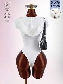 Amplova Women's Solid Color Camisole Cropped Tank Top Paired With Hooded Deep V-Neck Sexy Bodysuit Set Beach White Black Summer - Black and White - View 3