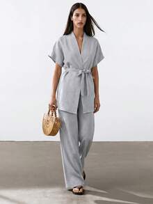 EURMUSE Tall 高个女式休闲灰色纯色短袖系带和服式上衣和长裤两件套舒适套装 - 灰色 - 查看 8