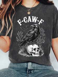 SHEIN LUNE F-Caw-F Fun Raven Shirt, Black Raven Moonlight Raven T-Shirt, Fun And Playful Gift For Raven Lovers, - Grey - View 1