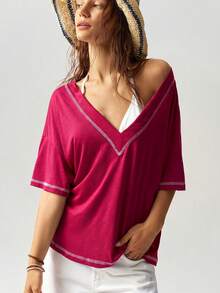 Bohemela Women's Casual Boho Solid Color V-Neck Short Sleeve Loose Regular Fit Knit T-Shirt Beach Pink Sequin Summer - Hot Pink - View 4