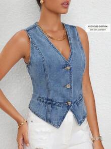 Selenza Plus Size Solid Color V-Neck Sleeveless Front Button Summer Fashion Denim Jacket - Blue - View 4