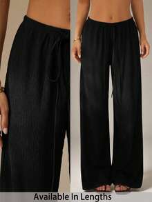 SHEIN PETITE CURVE Plus Size Women Solid Color Waist Tie Straight Leg Loose Fit Pants - Black - View 1