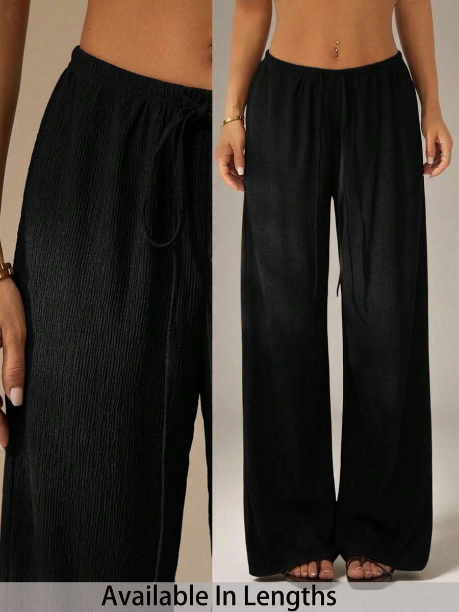 SHEIN PETITE CURVE Plus Size Women Solid Color Waist Tie Straight Leg Loose Fit Pants - Black - View 1
