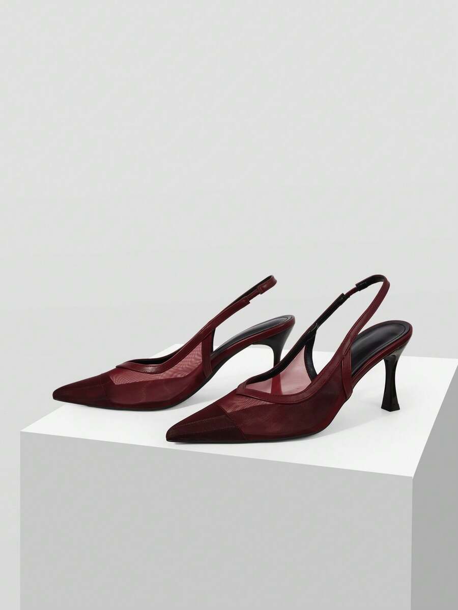 Mnmlis Pointed Toe Slingback High Heel Pumps For Women, Versatile Commuter Elegant Fashion - Burgundy - View 1