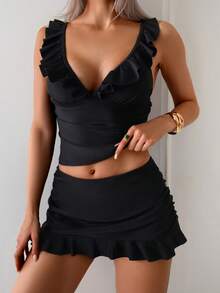 Swim Basics Conjunto de bikini de tirantes finos sexy para mujer en verano - Negro - Ver 4