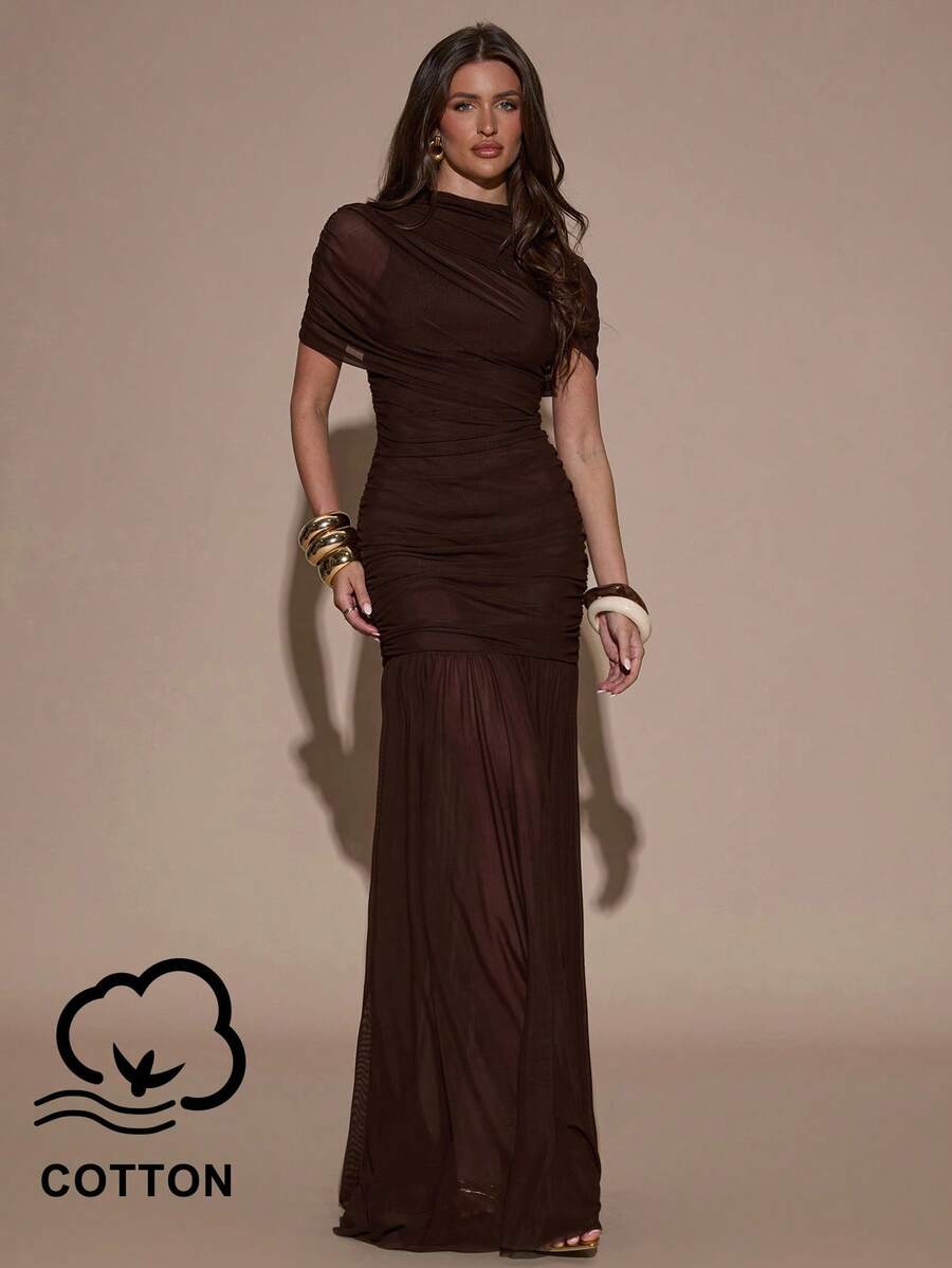 SHEIN BAE 秋冬女款休閒約會外出夜店舞會套裝,咖啡棕圓領短袖修身抓皺喇叭下擺優雅洋裝,適合雞尾酒會、浪漫約會、秋冬疊穿、派對、正式聚會、萬聖節洋裝、聖誕洋裝 - 棕色 - 查看 1
