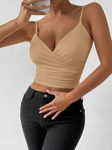 SHEIN VaVaLuxe Khaki Summer Seksi Chic Holiday Vacation Holiday Women's V-Neck Backless Sleeveless Ruched Top,Slim Fitting Waist Cinching Elegant Nightclub Top - Khaki - View 6