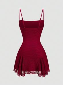 Sweetra Plus Size Romantic Lace A-Line Dress - Burgundy - View 2