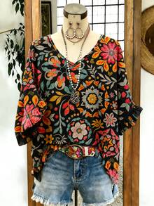 EMERY ROSE Blusa de mujer talla grande estilo casual primavera/verano: diseño simple y versátil con estampados aleatorios de flores coloridas y geométricos. Cuello en V, mangas acampanadas con volantes, ajuste holgado - perfecta para primavera y verano - Negro - Ver 3