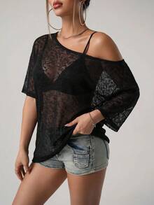 SHEIN ICON Women's Fashion Vacation Asymmetrical Shoulder Sheer Knit Top - Black - View 1