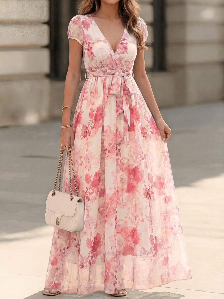 SHEIN LUNE Blue Floral Print High Waist Romantic Elegant A-Line Short Sleeve Midi Dress For Women - Multicolor - View 1