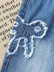 Girls' Versatile Casual Cute Sweet Cool Bow Embroidery Patchwork Loose Straight Leg Washed Denim Jeans, Suitable For Daily Wear, School, Campus, Outings, Dates And More - Medium Wash - View 4