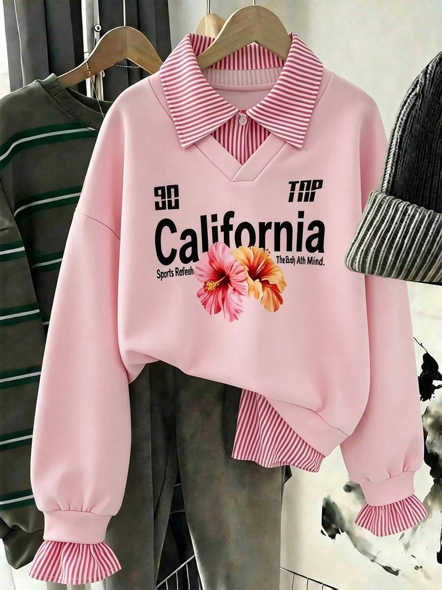 SHEIN 女童 2 合 1 運動衫，美式學院風，淺粉色身軀搭配粉色與白色條紋襯衫領，胸前印有「California」字母與扶桑花圖案，甜美又酷，俏皮感，2 合 1 設計免煩惱搭配，寬鬆版型舒適，適合上學或週末出遊，輕鬆打造活力十足的青少年女孩造型，您小寶貝的百搭日常必備款！