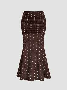 Sweetra Damen 2-teiliges Set: Spaghettiträger-Cowl-Neck-Pullover-Camisole-Top & figurbetonter Rock mit Polka-Dot-Blumenmuster und Meerjungfrauen-Saum, eleganter Vintage-Urlaubsstil - Kaffeebraun - Übersicht 6