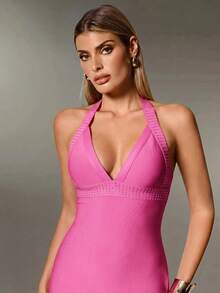 Nuvra Gaun Bandage Model Halter Neck Warna Pink Terang untuk Kencan, Klub Malam, Malam Musim Panas - Berwarna merah muda - View 6