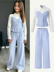 Tween Girls Fall Outfits 2pcs/Set Classic Collared White Sleeve Patchwork Navy Blue Top Waist-Cinched Cut Crisp Short Length For Teachers' Day Scho... - Blue - View 1